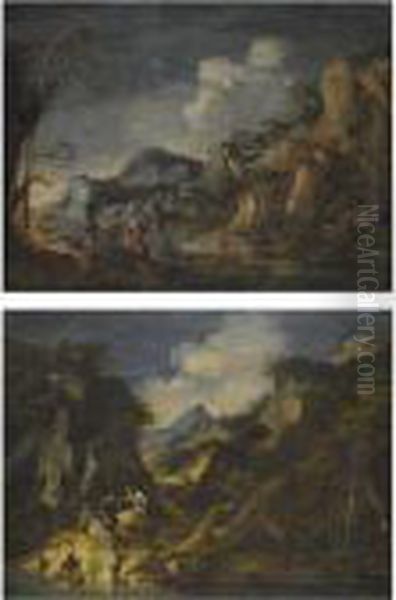 A Rocky Coastal Landcape With Figures Conversing In Theforeground Oil Painting by Salvator Rosa