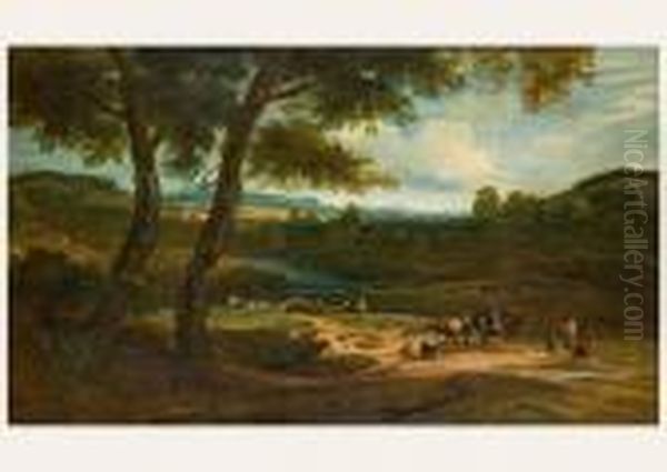 Weite Besonnte Sudliche 
Landschaft Mit Reisenden Und Ihren Beladenen Reittieren Bei Einer Rast Oil Painting by Salvator Rosa