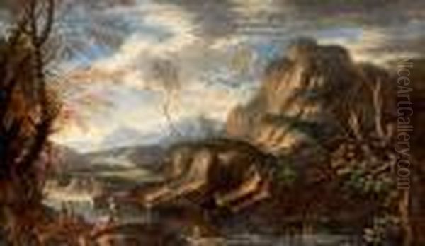Bergigt Flodlandskap Med Figurstaffage Oil Painting by Salvator Rosa