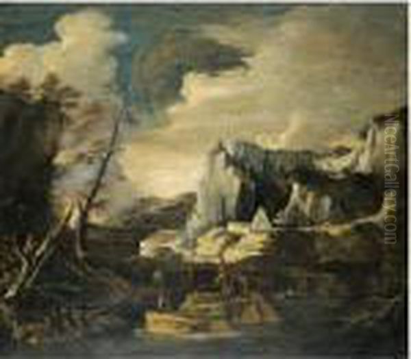 An Extensive River Landscape 
With Figures Fishing And Playing With A Dog In The Foreground Oil Painting by Salvator Rosa