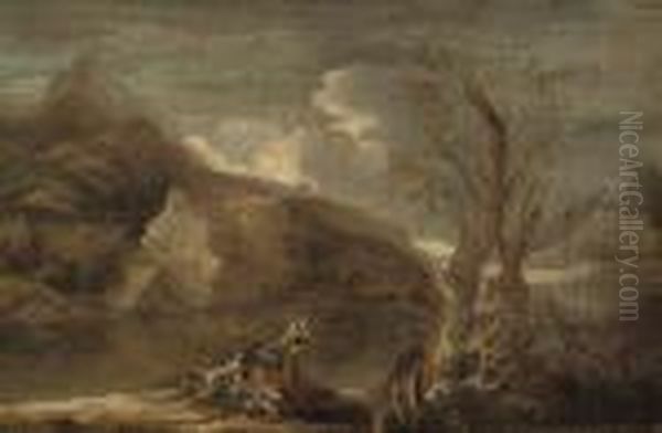 A Mountainous River Landscape 
With Figures Conversing On A Rock; And A Mountainous River Landscape 
With Figures Conversing With A Soldier On A Bank Oil Painting by Salvator Rosa