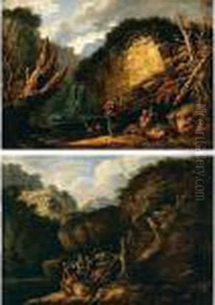 Soldati E Viandanti In Un 
Paesaggio Con Cascata; Soldati In Un Paesaggio Fluviale Con Fortezza In 
Lontananza Oil Painting by Salvator Rosa