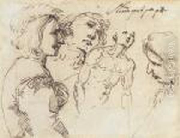 A Young Man, Half-length, In A 
Plumed Hat, In Profile To The Right,with Two Studies Of Heads And 
Another Of A Nude, Half-length Oil Painting by Salvator Rosa