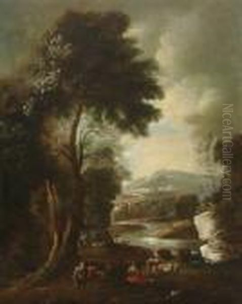 Hirten In
 Flusslandschaft. Oil Painting by Salvator Rosa