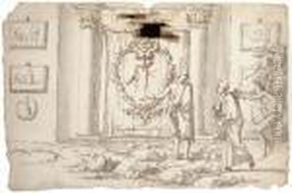 Allegory Of A Young Artist: A 
Young Man Led Across Rocky Terraintowards An Altar Flanked With Pictures
 Dedicated To Painting, Whilewinged Demons Attempt To Pull Him Back Oil Painting by Salvator Rosa