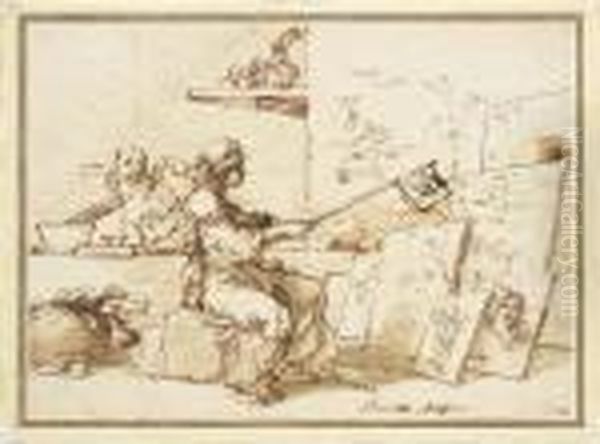 Une Allegorie De La Peinture En 
Guenilles Assise Dans L'atelier Del'artiste Chassant Des Mouches D'un 
Groupe De Tableaux Appuyescontre Un Mur, Une Tete D'ane Et Un Coeur 
Couronne Dessines Sur Lemur, Des Putti Au Fond De L'atelier Oil Painting by Salvator Rosa