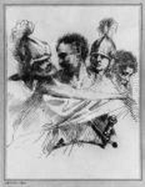 Nachfolge Studie Von Vier 
Soldaten. Auf Dem Untersatz Von Alter Hand Bezeichnet: Salvator Rosa. 
Feder In Braun Auf Papier. H 23,8; B 18,2 Cm. Provenienz: 
Privatsammlung, Brussel. Gebraunt Und Mit Tintenfrass Oil Painting by Salvator Rosa