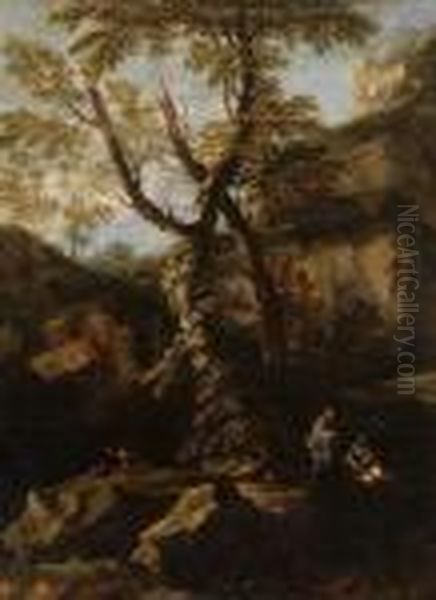 Felsenlandschaft Mit Hl. Familie
 Bei Der Ruhe Auf Der Flucht Nach Agypten. Oil Painting by Salvator Rosa