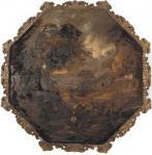 An Extensive Italianate 
Landscape With Travellers On A Track Before A Stream, An Inn Beyond Oil Painting by Salvator Rosa