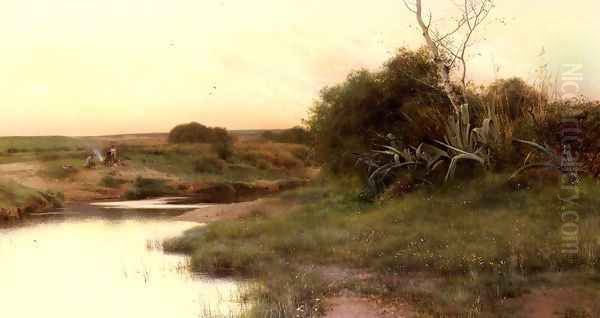 On The River's Edge At Dusk Oil Painting by Emilio Sanchez-Perrier