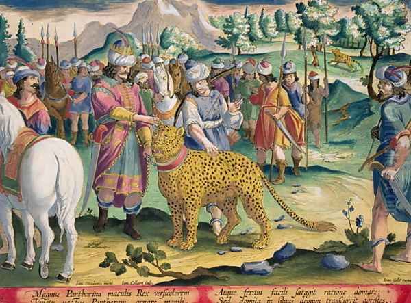 The Great King of the Parthians Hunts with his Tame Panthers, plate 9 from Venationes Ferarum, Avium, Piscium Of Hunting Wild Beasts, Birds, Fish engraved by Jan Collaert 1566-1628 published by Phillipus Gallaeus of Amsterdam Oil Painting by Giovanni Stradano