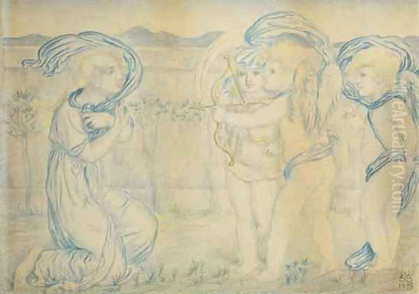 Cupid and amorini targeting a kneeling woman Oil Painting by Simeon Solomon