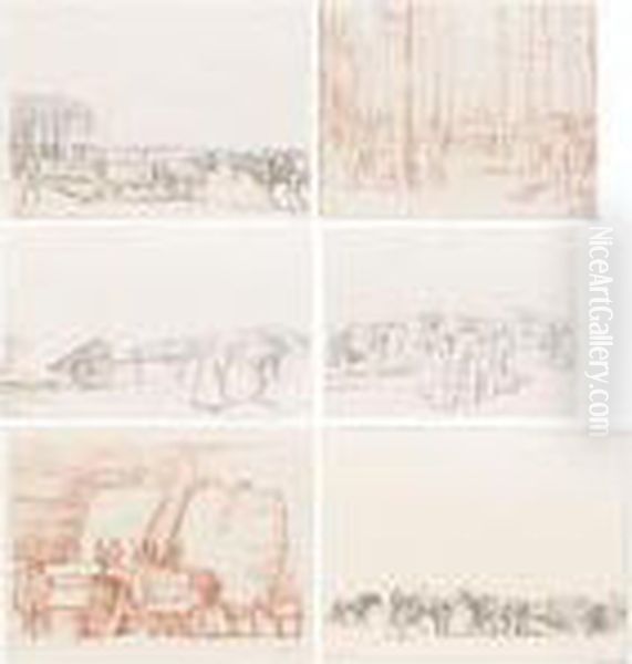 Work On The Land (ploughing; 
Drilling; Burning Couch-grass; Potato-planting; Timber-hauling; 
Threshing) Oil Painting by William Rothenstein