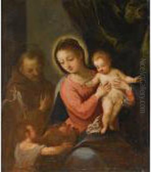 The Madonna And Child With Saint
 Francis In The Background And St John The Baptist Offering A Basket Of 
Fruit Oil Painting by Hans Rottenhammer