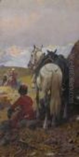 Rastender Tscherkesse Mit Zwei
 Pferden Oil Painting by Franz Roubaud