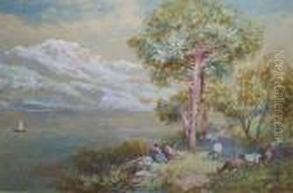 Italian Lake Scene 
 With Figures And Goats Oil Painting by Charles Rowbotham