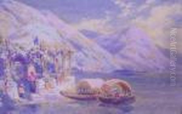 Italian Lake Scene 
 With Arbour And Boats Oil Painting by Charles Rowbotham