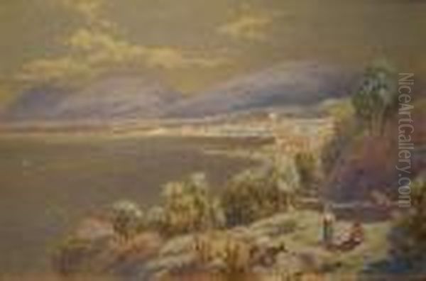 Italian Lake Scene 
 With Family And Goats, A Town Beyond Oil Painting by Charles Rowbotham