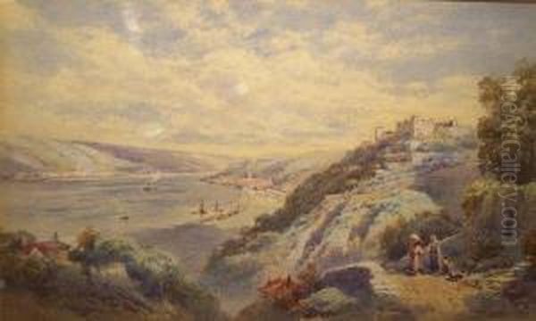 Italian Lake Scene 
 With Hilltop Castle Oil Painting by Charles Rowbotham