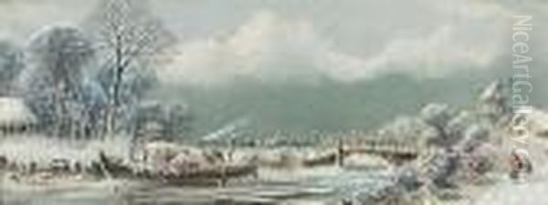 Wintrylandscape At A Dutch Canal. Oil Painting by Charles Rowbotham