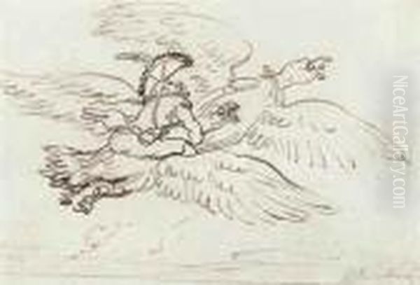 Baron Munchausen's Extraordinary
 Flight On The Back Of An Eagle,supported By A Second Eagle Oil Painting by Thomas Rowlandson