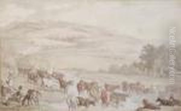 'cattle Watering In An Extensive Wooded Landscape Oil Painting by Thomas Rowlandson
