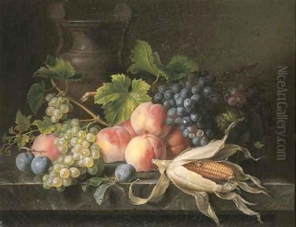 Peaches, grapes on the vine, plums, a melon and corn on the cob on a marble ledge with an urn Oil Painting by Cornelis van Spaendonck