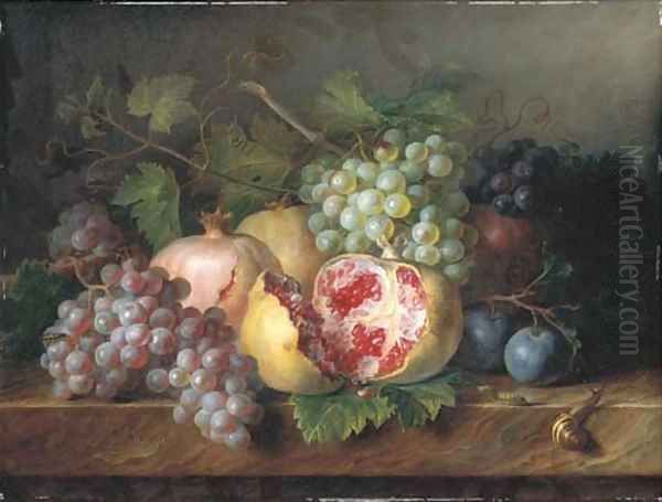 Pomegranates, grapes and plums with a snail and a caterpillar on a marble ledge Oil Painting by Cornelis van Spaendonck