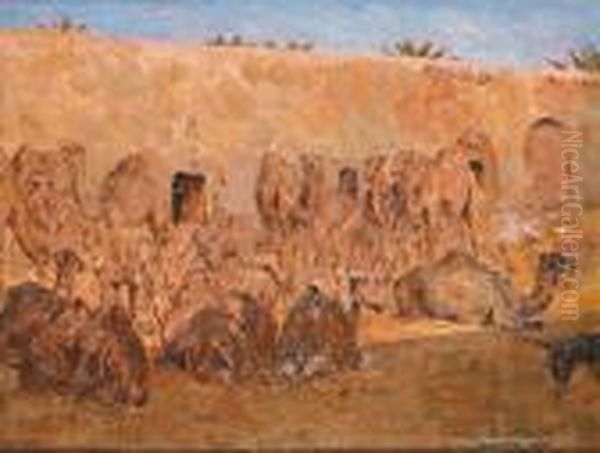 Ecole Russe 
Halte De Dromadaires A Biskra Oil Painting by Aleksandr Rubcov