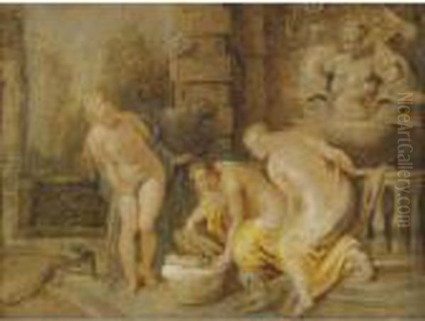 The Discovery Of The Baby Erichthonius By The Daughters Of Cecrops Oil Painting by (studio of) Rubens, Peter Paul