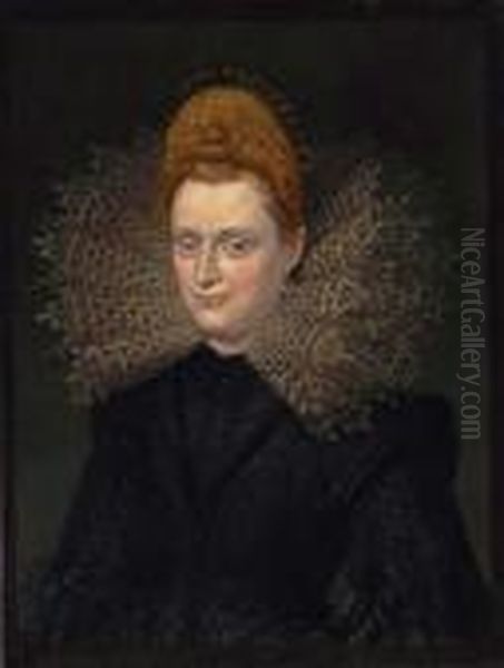Portrait Of Margherita Gonzaga, 
'madama Serenissima Di Ferrara' , Bust-length, In An Embroidered Black 
Doublet And A White Lace Collar And Pearl Earrings Oil Painting by (studio of) Rubens, Peter Paul