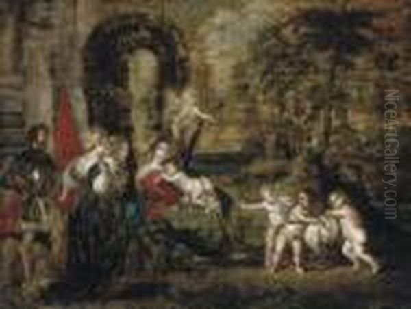 The Madonna And Child Attended 
By Saint George, Two Female Saints, Saint John The Baptist As An Infant 
With The Lamb And Angels, In A Wooded Landscape With Antique Ruins Oil Painting by (studio of) Rubens, Peter Paul