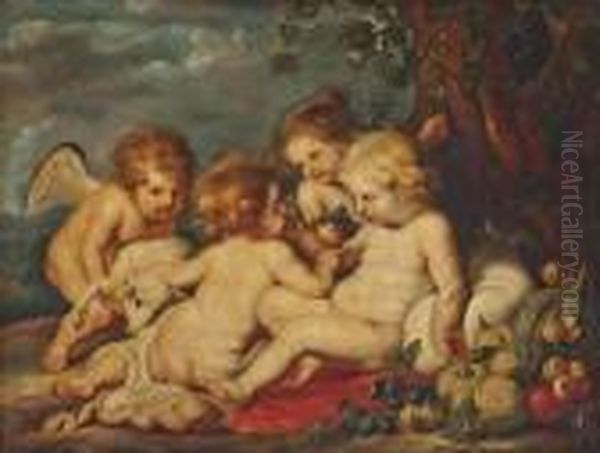 The Christ Child And The Infant Saint John The Baptist With Putti In A Wooded Clearing Oil Painting by (studio of) Rubens, Peter Paul