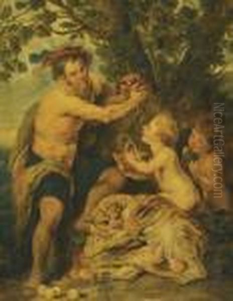 A Drinking Man With Putti And A Tiger Oil Painting by (studio of) Rubens, Peter Paul