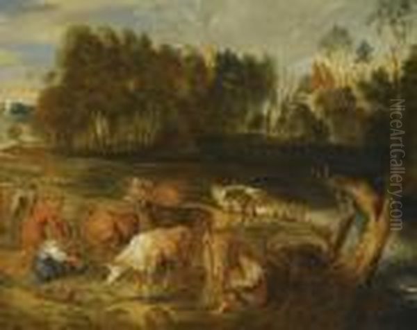River Landscape With Herdsmen Oil Painting by (studio of) Rubens, Peter Paul