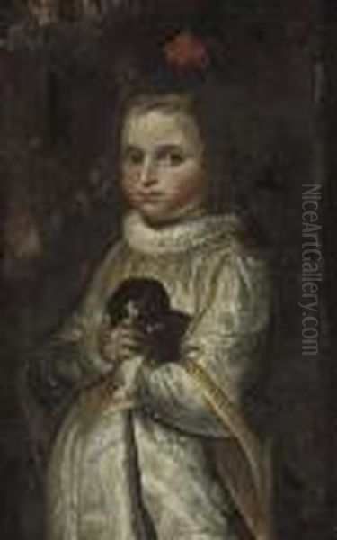 Portrait Of A Young Girl, Half-length, Holding A Dog Oil Painting by (studio of) Rubens, Peter Paul