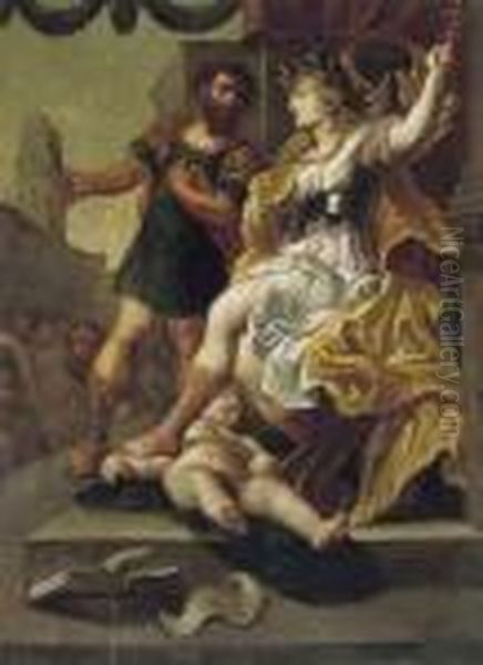 Figures Gathered To Watch A Play, A Classical Building Beyond Oil Painting by (studio of) Rubens, Peter Paul