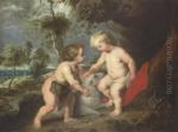 The Christ Child With The Infant Saint John The Baptist In Alandscape Oil Painting by (studio of) Rubens, Peter Paul