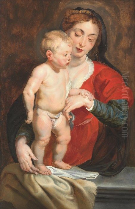 The Virgin Supporting The Christ Child On A Parapet Oil Painting by (studio of) Rubens, Peter Paul