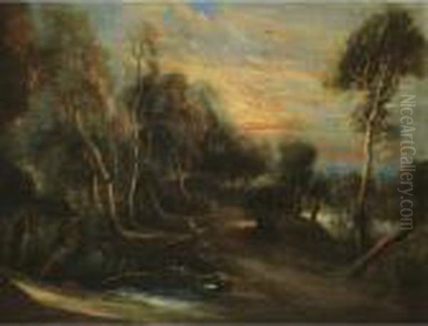 A Wooded Landscape At Sunset Oil Painting by (studio of) Rubens, Peter Paul