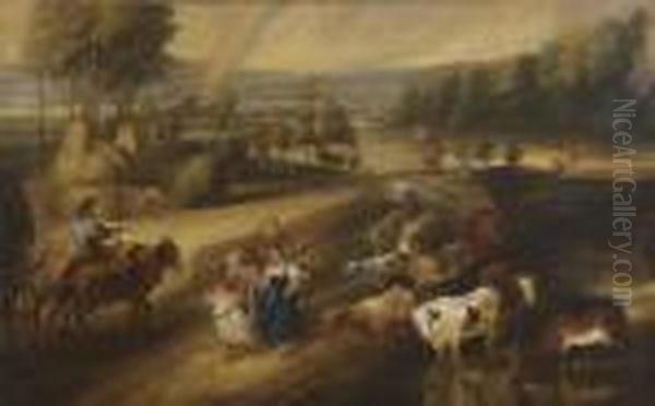 Drovers And Rainbow In A Flemish Landscape Oil Painting by (studio of) Rubens, Peter Paul