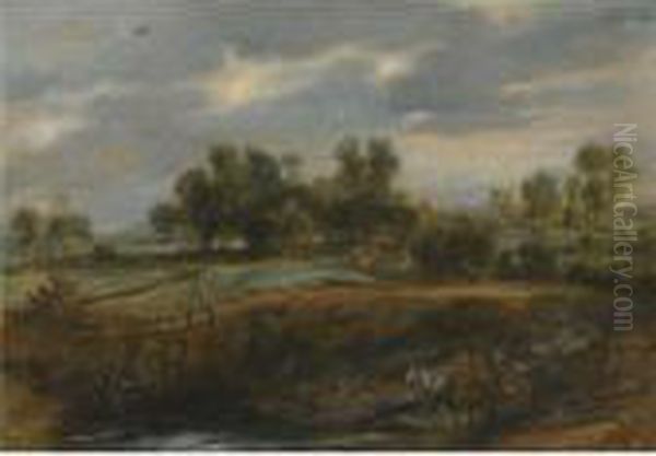 A Landscape With A Wagon Pulled By Two Horses In Theforeground Oil Painting by (studio of) Rubens, Peter Paul