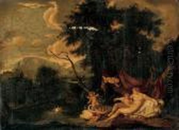 A Wooded River Landscape With Echo And Narcissus Oil Painting by (studio of) Rubens, Peter Paul