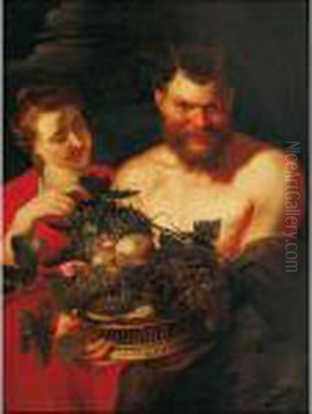 Satiro Con Una Cesta Di Frutta Autunnale E 
Una Contadina Oil Painting by (studio of) Rubens, Peter Paul