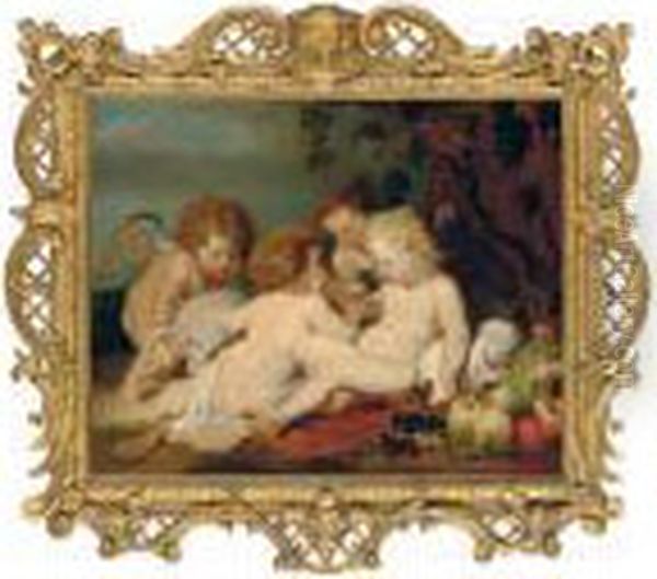 The Christ Child And The Intant Saint John The Baptist With Putti In A Wooded Clearing Oil Painting by (studio of) Rubens, Peter Paul