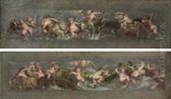 Procession Of Children And 
Amoretti With A Festoon And A Lion And A Bear Drawing A Chariot; And 
Procession Of Children And Amoretti With A Cornucopia Oil Painting by (studio of) Rubens, Peter Paul