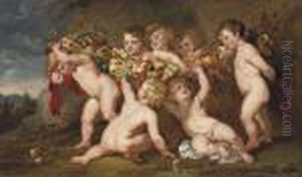 Putti Carrying A Garland Of Fruit Oil Painting by (studio of) Rubens, Peter Paul