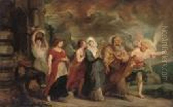 Lot And His Daughters Fleeing Sodom And Gomorrah Oil Painting by (studio of) Rubens, Peter Paul