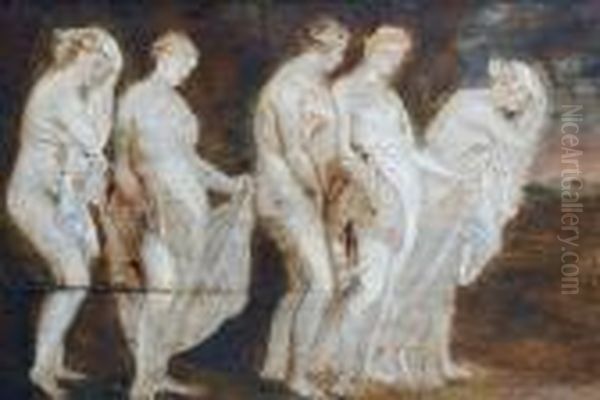 Study Of Five Figures Before A Landscape Oil Painting by (studio of) Rubens, Peter Paul