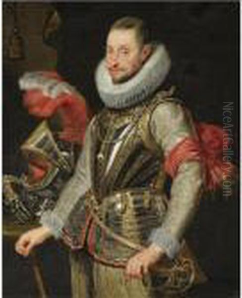 Portrait Of General Ambrogio 
Spinola (1569-1630), Standing Half-length, Wearing A Gold Embroidered 
Doublet, With A Breastplate And The Order Of The Golden Fleece, Next To A
 Helmet Oil Painting by (studio of) Rubens, Peter Paul